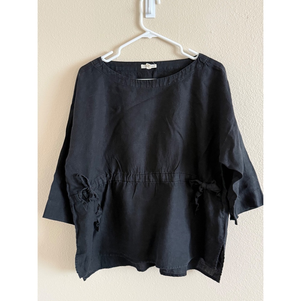 Eileen Fisher Black Organic Linen Blend Drawstring Side Tie Top Petite Large